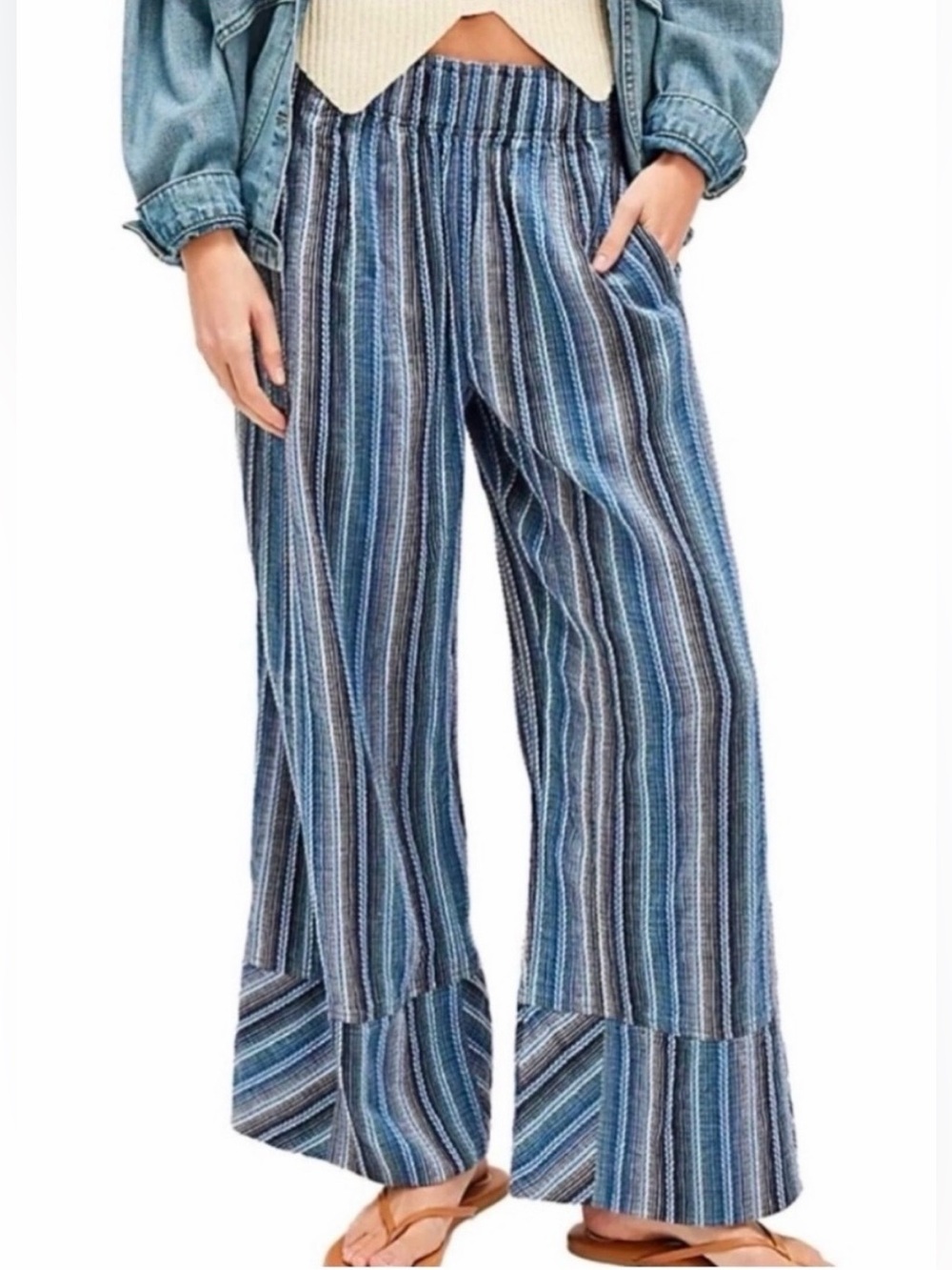 Free People Days End Stripe Wide Leg Pants Blue Cotton Pull On Boho Size Medium